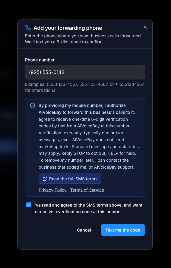 The same dialog after the member actively checked the consent checkbox, with their phone number entered