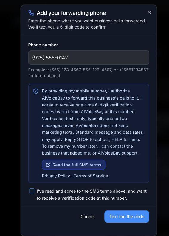 Add your forwarding phone dialog showing the full SMS consent disclosure with the phone number entered and the consent checkbox unchecked by default