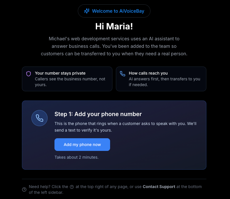 AiVoiceBay onboarding screen prompting the team member to add their own phone number
